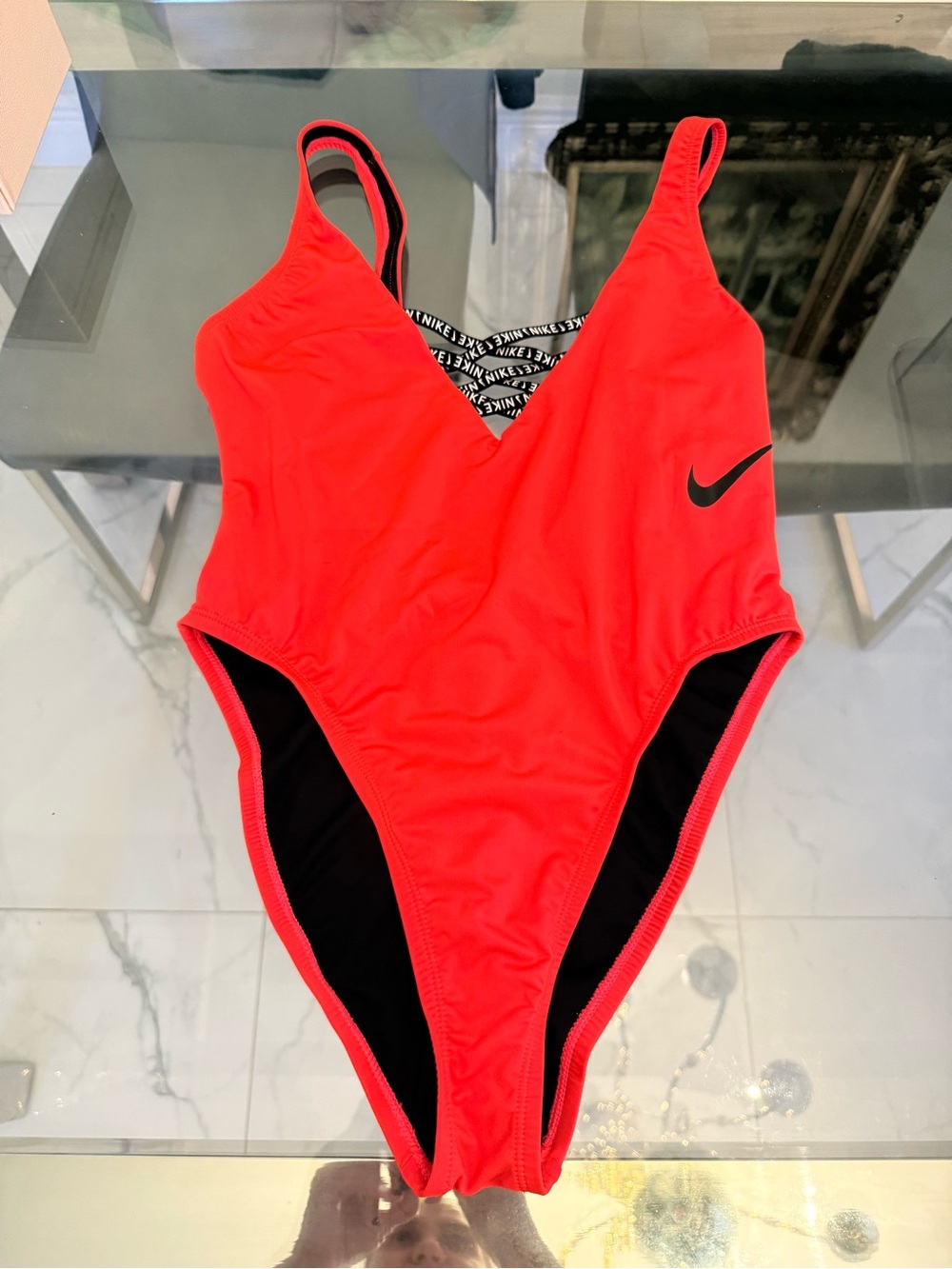 Nike Bright Red One-Piece Swim Suit with Black Accents